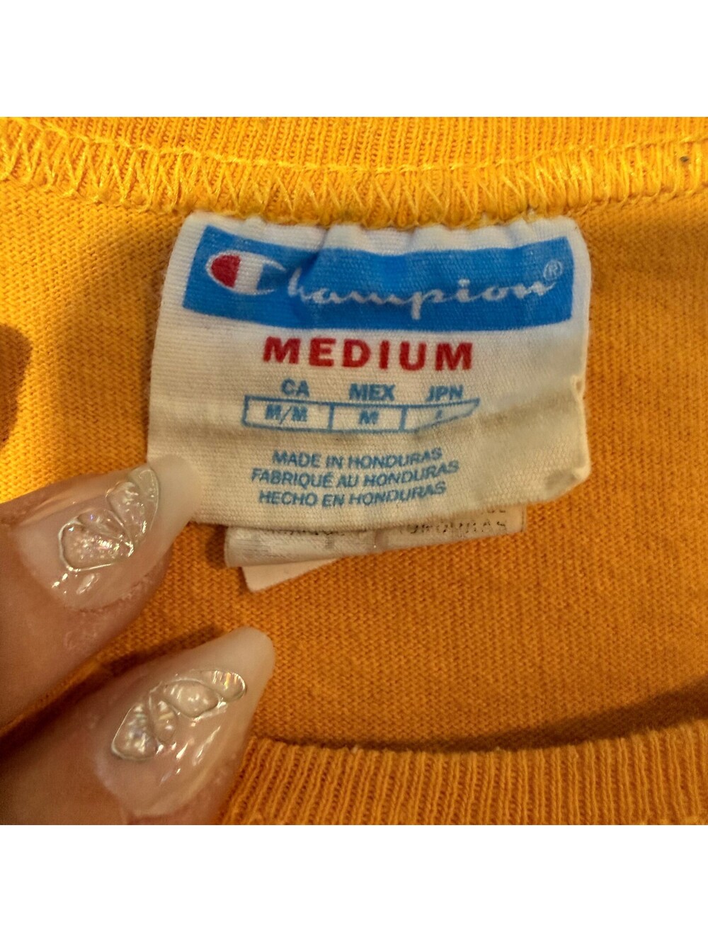 Vintage 90s Champion Graphic T-Shirt Gold Mustard Spellout Back Print M - Picture 4 of 8